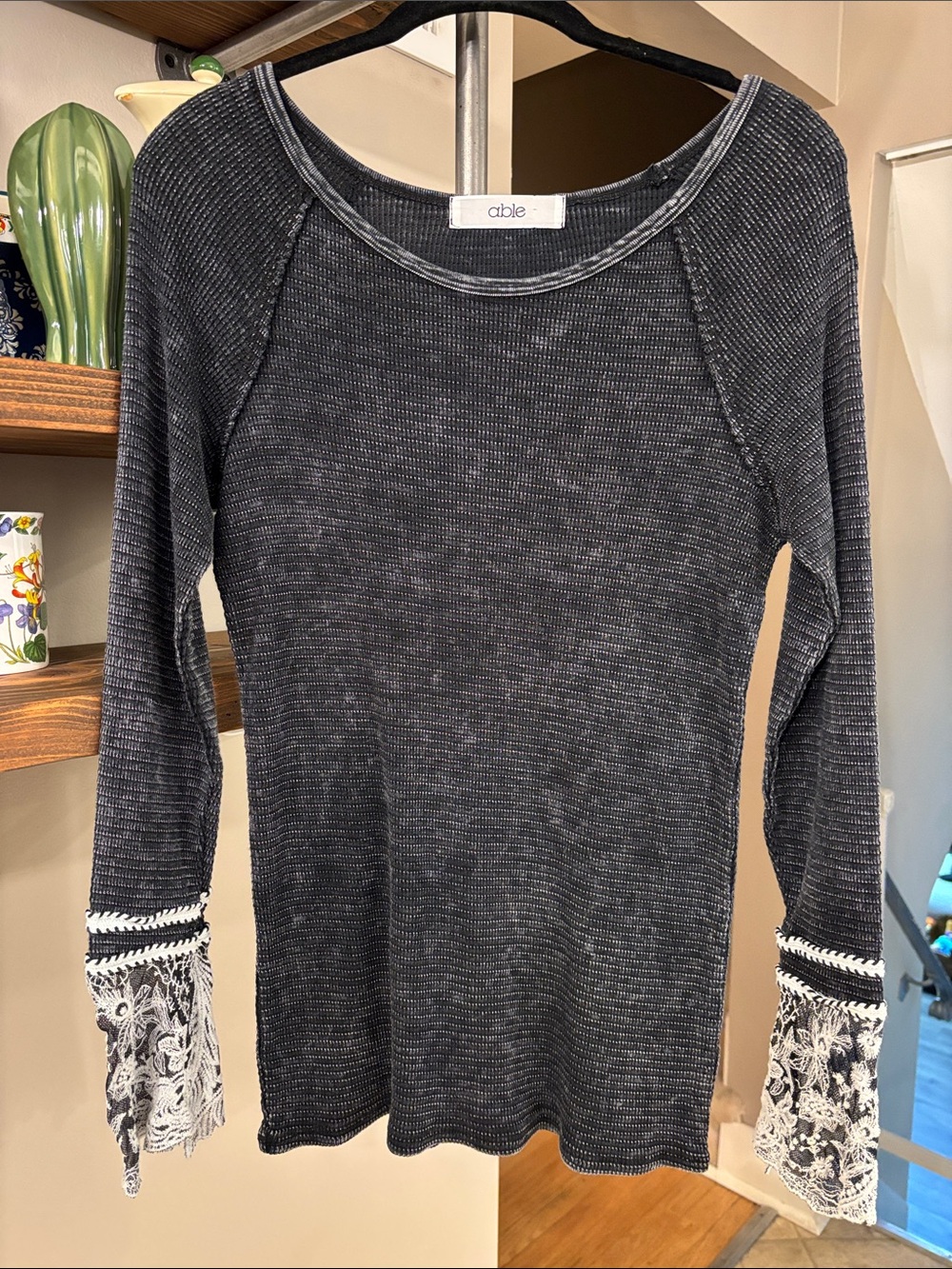 Able Textured Knit Top Black Gray Contrast Lace Cuff Sleeves | Size M